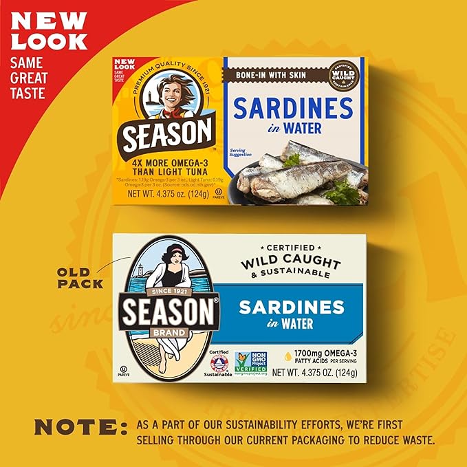 Season Sardines in Water - Wild Caught Fish, 22g of Protein, Keto Snacks, More Omega 3's Than Tuna, High in Calcium, Canned Sardines - 4.37 Oz Tins, 24-Pack