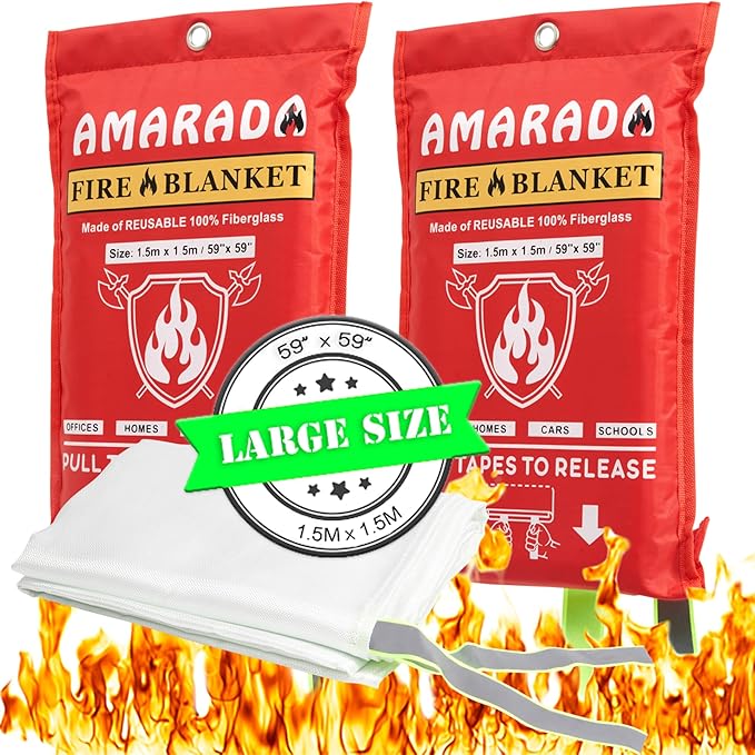 | 2 Pack Emergency Fire Blanket | Large Size 59"x 59" | Ideal for Kitchen, Schools, Offices, Cars, Camping, BBQ, Outdoor Activities