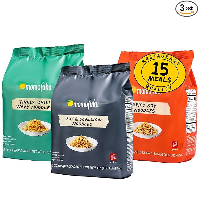 Momofuku Ramen Noodle Variety Pack by David Chang, 15 Meals (Pack of 3) Air-Dried Vegan Instant Noodles with Sauce