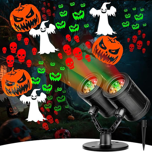 Upgraded Halloween Projector Lights Outdoor, Double Head Dynamic Projector Lights Indoor, 360° Rotating Waterproof Pumpkin Ghost Skeleton Bats Projection Light for Yard Window Party Decor