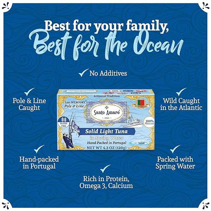 Santo Amaro - Artisanal Wild Tuna Fish in Spring Water, Pole & Line Wild Caught Tuna from Portugal, Hand-Packed Canned Tuna, Solid Light Tuna, 24g Protein Keto, 90 Calories, Low Mercury, Pack of 6