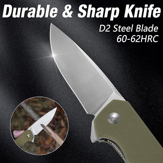 FLISSA Pocket Knife, Folding Tactical Knife with G10 Handle, D2 Blade, Liner Lock, Pocket Clip, EDC Knife for Hiking, Camping, Survival, Indoor and Outdoor Activities(Green)
