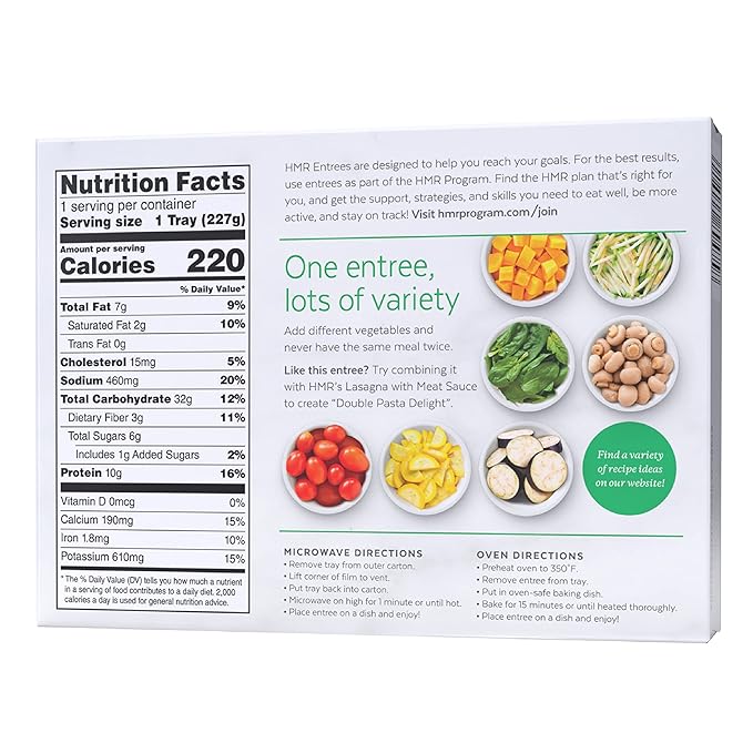 HMR Cheese and Basil Ravioli Entrée | Pre-packaged Lunch or Dinner | Ready to Eat | Vegetarian | 10g of Protein | Low Calorie Food | 8oz Serving per Meal | Pack of 6