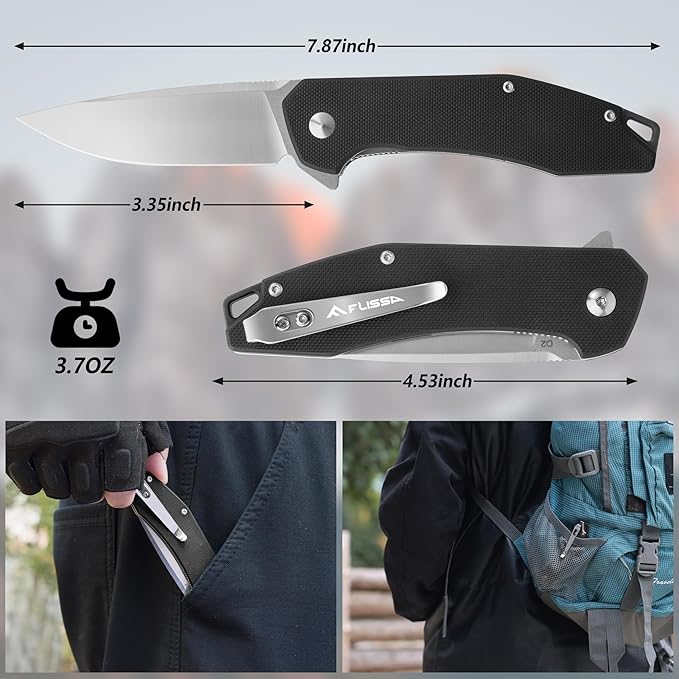 FLISSA Pocket Knife, Folding Tactical Knife with G10 Handle, D2 Blade, Liner Lock, Pocket Clip, EDC Knife for Hiking, Camping, Survival, Indoor and Outdoor Activities(Black)