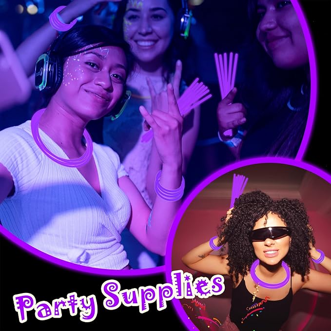 100 pk 8" Purple Glow Sticks Bulk Party Favors, Light up Glow Necklaces & Bracelets in the Dark Party Supplies For Christmas Halloween Mardi Gras Birthday Neon Party (100 * Purple)