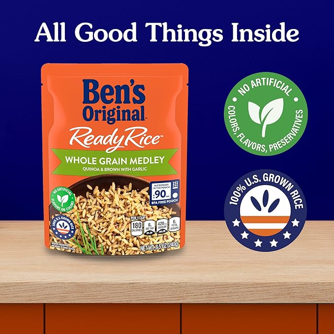 BEN'S ORIGINAL Ready Rice Whole Grain Medley Quinoa and Brown Flavored Rice, Easy Dinner Side, 8.5 oz Pouch (Pack of 12)