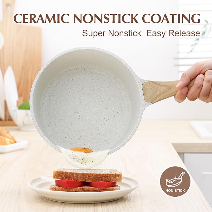 SENSARTE White Ceramic Nonstick Saucepan with Lid 2.0 Quarts, Small Cooking Pot with Stay Cool Handle, Induction Compatible Saucepot, White Granite Coating, Free of Intentionally Added PTFE/PFOA/PFAS