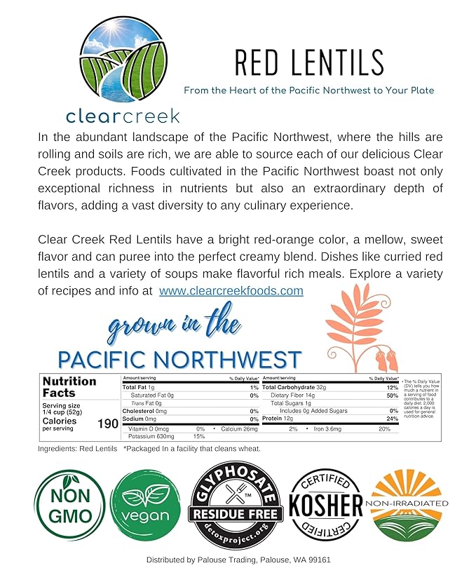 CLEAR CREEK Certified Glyphosate Residue Free Red Lentils | 18 LB | Non-GMO | Kosher | Vegan