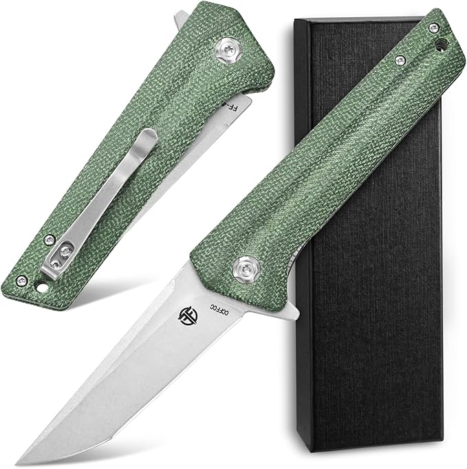 FF4 Folding Knife, AUS-10 Steel Blade Micarta Handle Knife for Outdoor Camping Hunting Fishing Survival(Green)