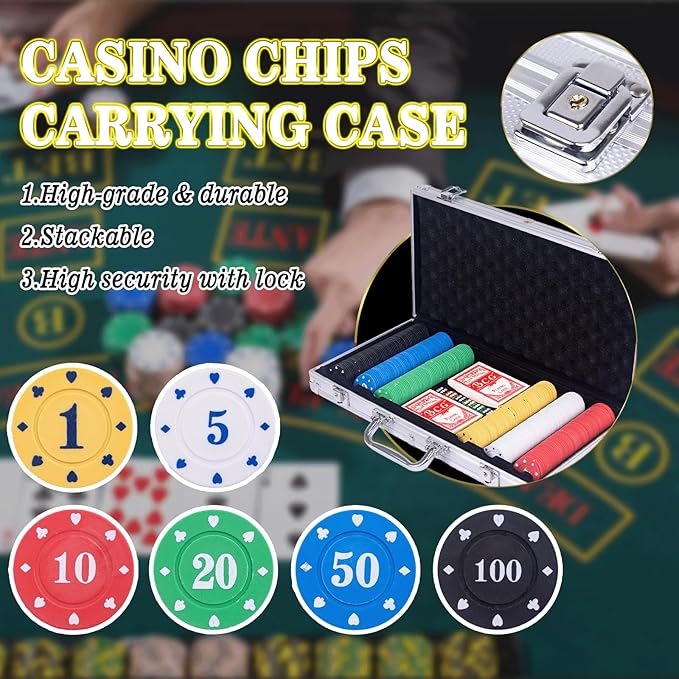 5 in 1 Super Casino Game Set: Blackjack/Texas Hold'em/Roulette/Craps/Poker Kit, 10" Wooden Roulette Wheel, Carrying Case with 360 Plastic Chips, 6 Deck Shuffler, 2 Double-Sided Rubber Mat And More