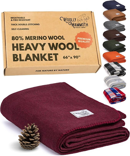Woolly Mammoth Woolen Company Outdoor Merino Wool Throw Blanket - 66 x 90 in, Large, Burgundy - Heavy Thermal Camping Blankets - Breathable Wool Throw