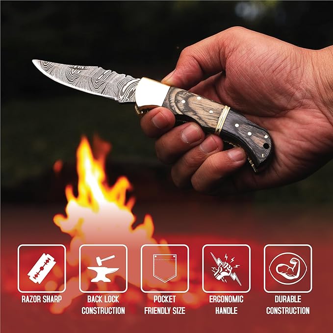 6.5 inch Damascus Pocket Knife with Sheath, Handmade Folding Pocket Knife for Men, Black-Red Wooden Handle with Brass Bolster, Secure Lock Back Camping Knife for EDC,Hunting,Hiking (Brown)