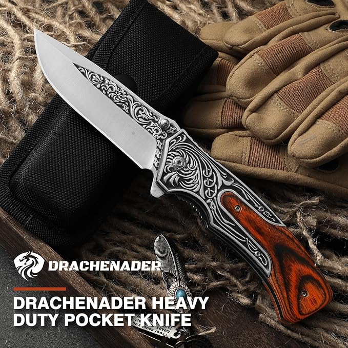 Pocket Knife for Men, 8.7" Folding Knife, 440 Stainless Steel Blade, 0.19lb, Wood Handle with 3D Retro Embossed Pattern, EDC Folding Knife for Work, Camping, Christmas Gifts