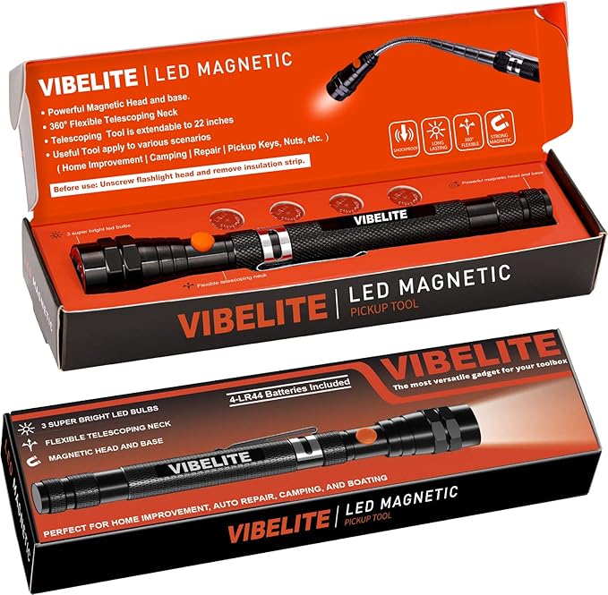 VIBELITE Gifts for Dad, Magnetic Pickup Tool with LED, Telescoping Magnet Flashlight, Birthday Gadgets Gifts for Men, Handyman, Husband, Boyfriend, Him, Father, Dad (Black)