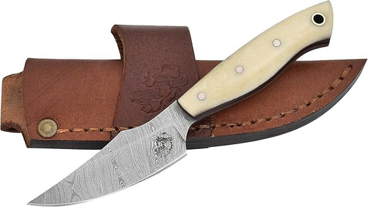 Knives Ranch Handmade EDC Fixed Blade Hunting Knife ??Forged Damascus Steel ??Bone Handle ??Horizontal Carry Sheath ??Outdoor Cowboy Knife (3180-B)