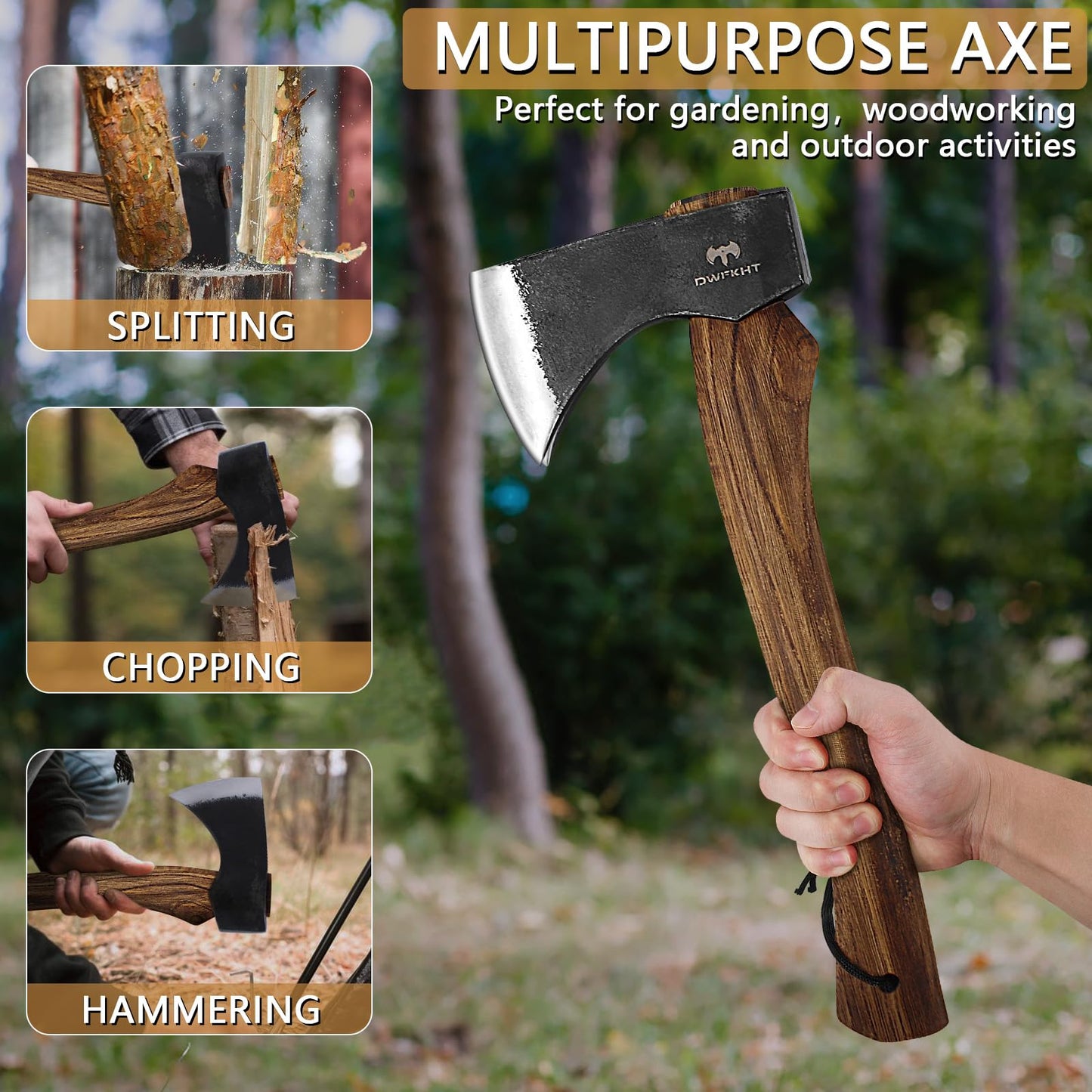 DWFKHT 15.7" Hatchet, Camping Hatchet, Hand-Forged Axe with Sheath for Wood Chopping, Splitting