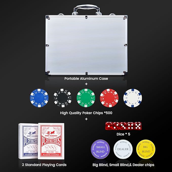 Poker Chips,500PCS Poker Chips with Aluminum Travel Case,11.5 Gram Chips for Texas Holdem and Blackjack Gambling.