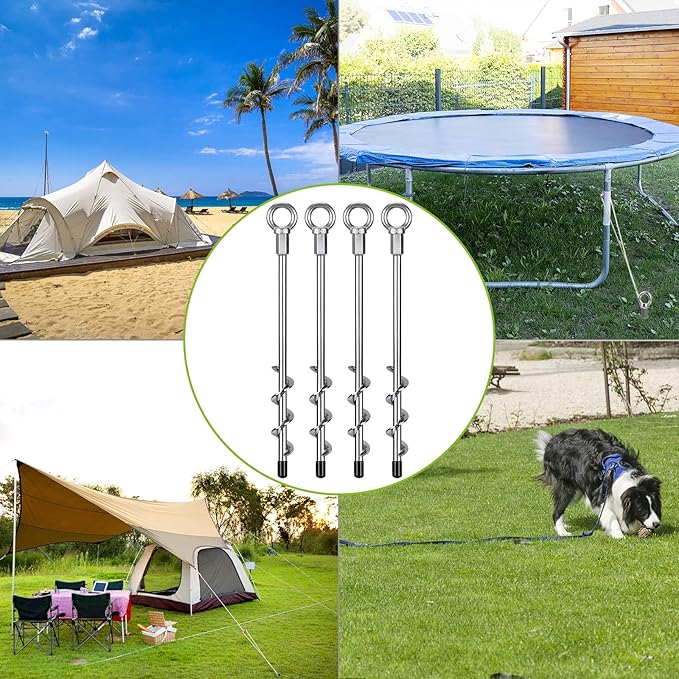 4 Pack Tent Stakes, 12 Inch Heavy Duty Ground Anchors, Fully Welded Spiral Earth Anchors for Camping Tents, Trampolines, Sheds, Swing Sets, Securing Animals