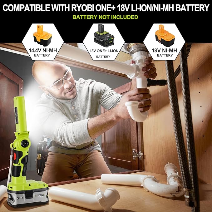 YEX-BUR LED Work Light for Ryobi 18V Battery, 12W 1000LM Protable Flashlight with Low Voltage Protection 270° Rotating Wide-Angle Lighting for Workshop, Camping, Outdoor