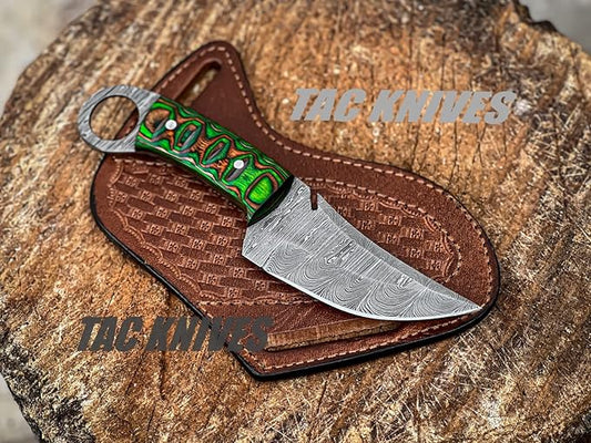 Bushcraft Survival Knife12T27 Damascus Steel Fixed Blade outdoor Knife- Pakka Wood Handle - Pancake Leather Sheath - Traditional Field Knife for Camping Knife, Fishing, Hunting Knife, Men & Women - EDC Knife to Carry on Belt- (GREEN)