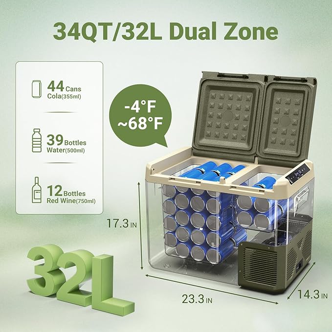 BODEGACOOLER 12 Volt Car Refrigerator, 34Quart (32L) Car Fridge Dual Zone, 12V Portable Freezer APP Control, RV Car Cooler -4℉-68℉ 12/24V DC 100-240V AC for Outdoor Camping Travel Vehicles Home Use