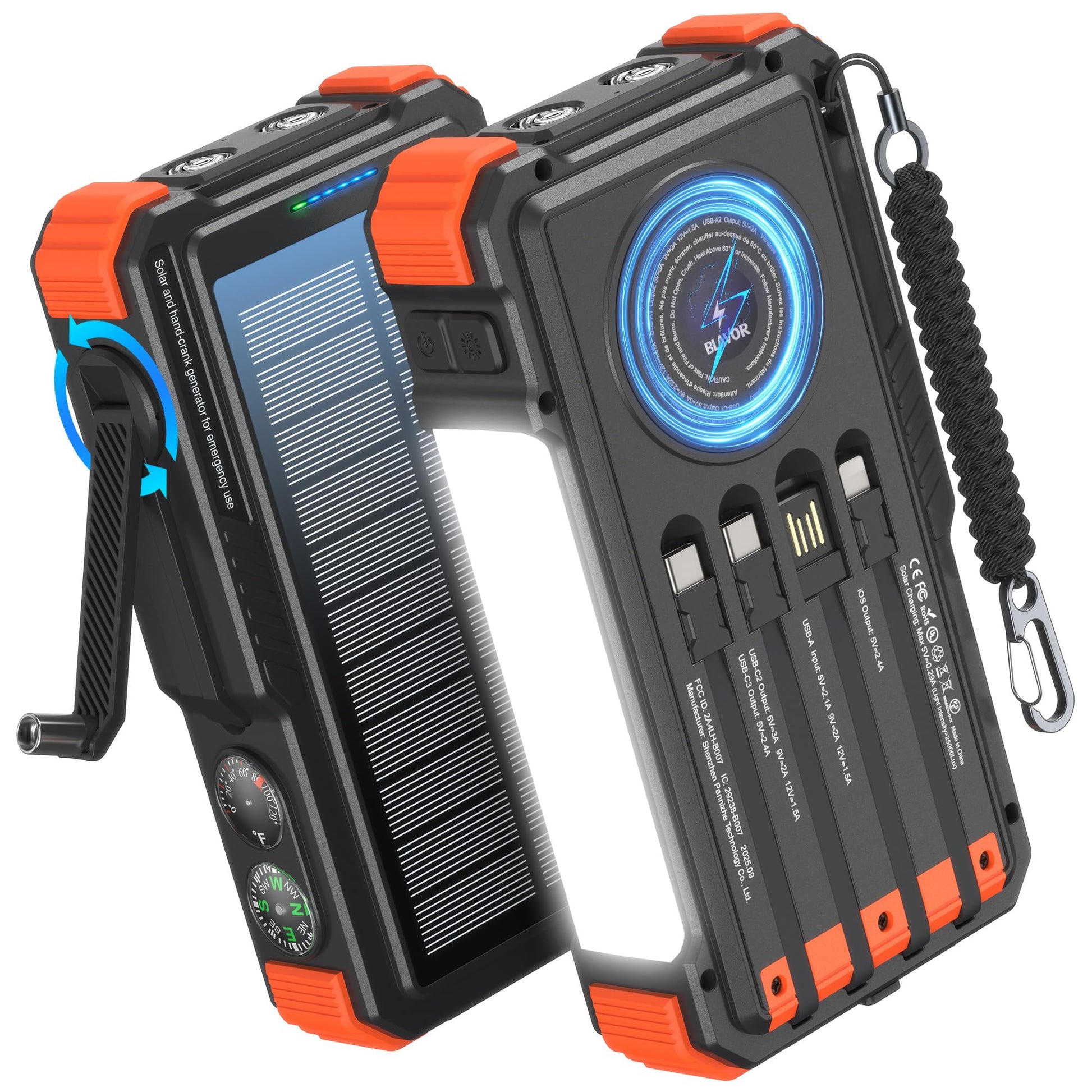 BLAVOR Solar Power Bank with Hand Crank and 4 Cables, 20000mAh Wireless Portable Charger with USB C