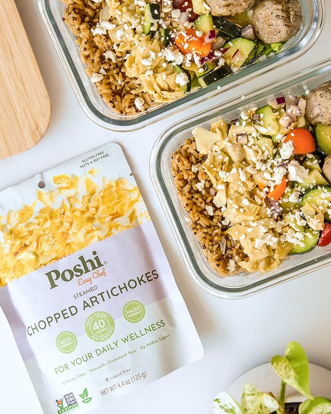 Poshi Chopped Artichoke Hearts - Steamed, Portion-controlled, Ready-to-Eat - Suitable for Quick Meals, Salad Toppings, Pastas - Gluten-Free, Non-GMO, Vegan, 6-Pack (4.4 oz/Pouch)