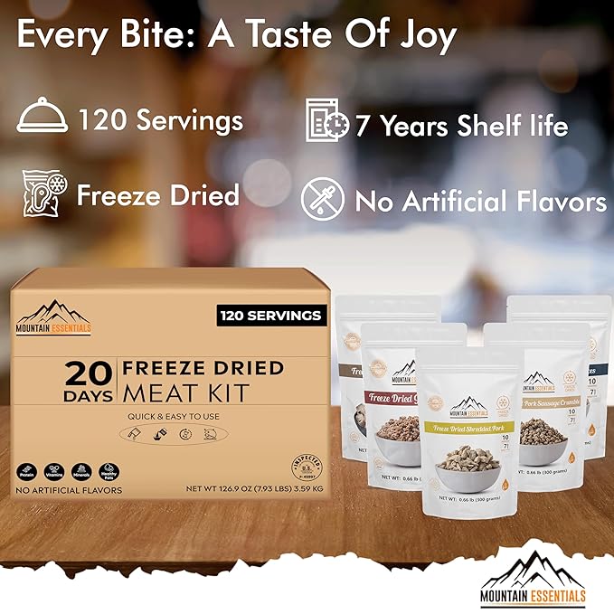 MOUNTAIN ESSENTIALS Freeze-Dried Meat Variety Kit ??3 Chicken Dices, 3 Beef Dices, 3 Ground Beef, 2 Shredded Pork & 1 Pork Sausage Crumble | 10 Servings per Pouch | Shelf-Stable Daily Meals, Camping & Emergency Food | Made in USA