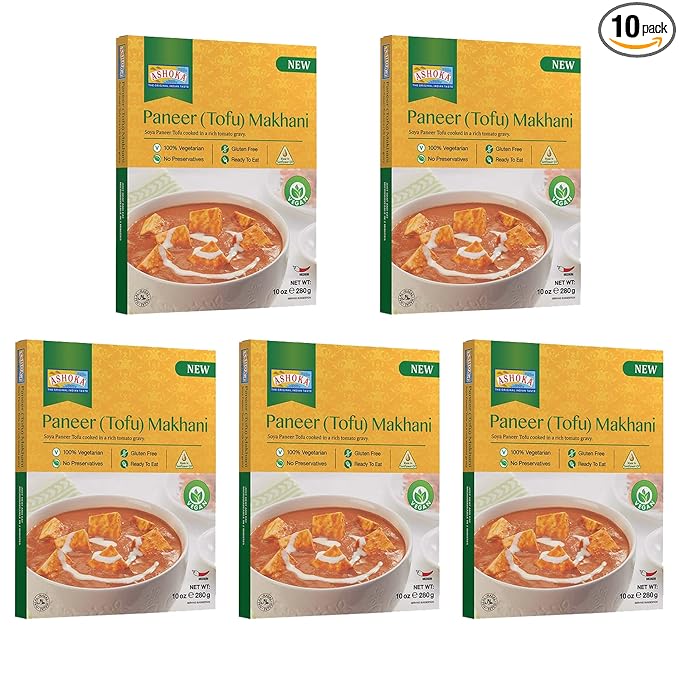 Ashoka Meals 1932, Tofu Curry, Plant-Based Gluten Free Meals, All-Natural, Ready to Heat Paneer Makhani, Kosher Certified, Authentic Indian Cuisine, Healthy Work Lunch, No Preservatives, Pack of 10
