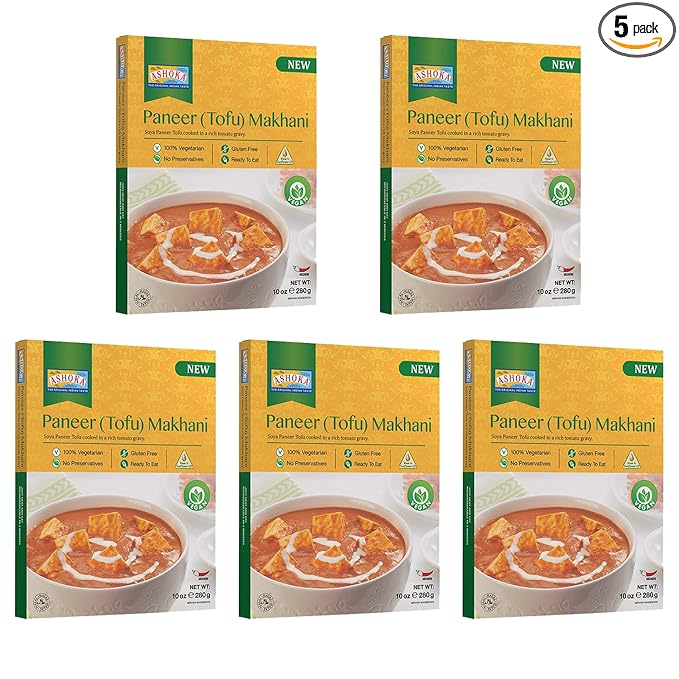Ashoka Meals 1932, Tofu Curry, Plant-Based Gluten Free Meals, All-Natural, Ready to Heat Paneer Makhani, Kosher Certified, Authentic Indian Cuisine, Healthy Work Lunch, No Preservatives, Pack of 5