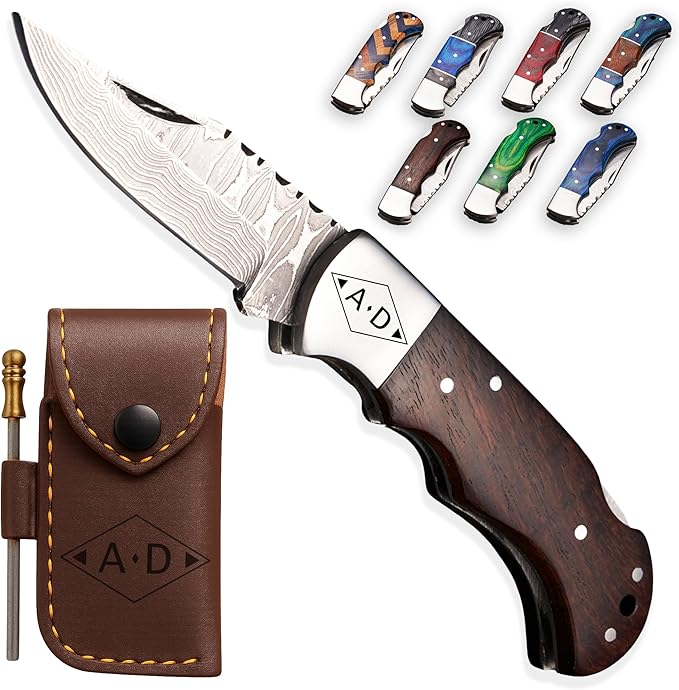 Personalized Folding Knife, Damascus Brown Pocket Knife, Custom Gift for Grandpa, Uncle, Brother, Dad, Husband, Boyfriend, Groomsman, Hunting, Father’s Day, Birthday, Anniversary, Christmas Gift