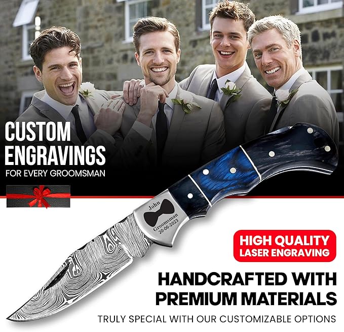 Set of 10 - Personalized Damascus Pocket Knife for Groomsmen -With Leather Sheaths - Custom Engraved Pocket Knives | Groomsman Gifts for Wedding, Groomsmen Proposal Gifts