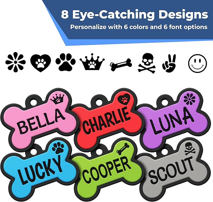 GoTags Silicone Dog Tags, Soundless Pet Tag, Personalized Silent Tag Engraved for Pets with Cute Custom Designs, for Dogs and Cats, (Bone, Green)