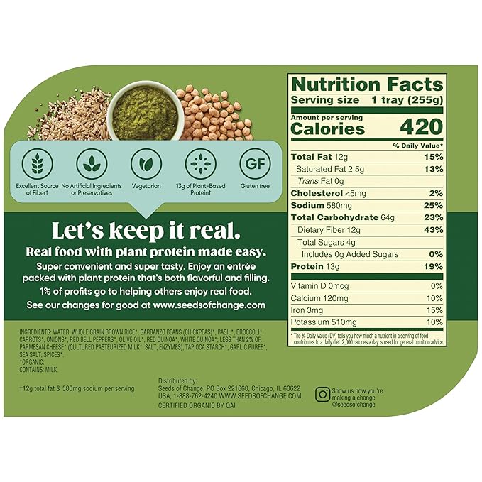 SEEDS OF CHANGE Organic Protein Bowl Garden Pesto, Prepared Entrée, Microwave in 90 Seconds, 9 oz (Pack of 6)