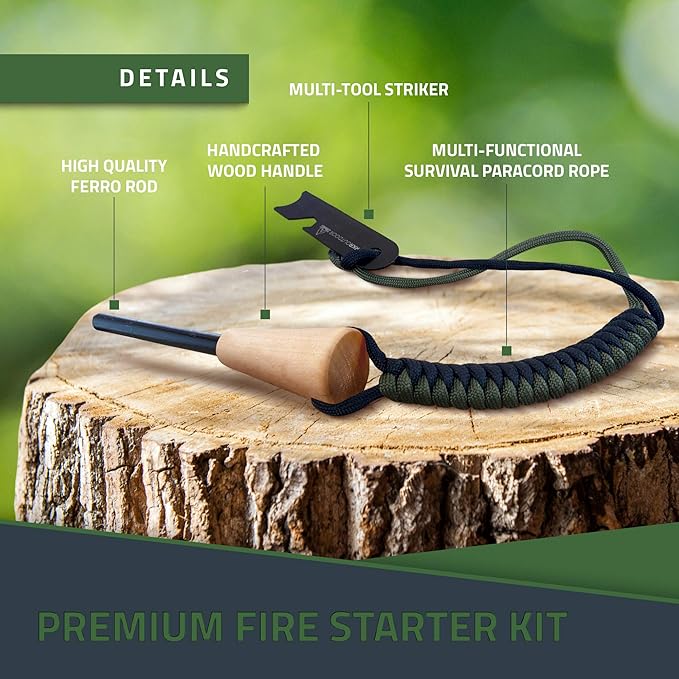 Ferro Rod Flint Fire Starter Kit with Handcrafted Wood Handle |5/16"- 3/8" Thick 12000-15000 Strikes |Survival Flint and Steel Rods with Multi-Tool Striker and Paracord Lanyard for Camping