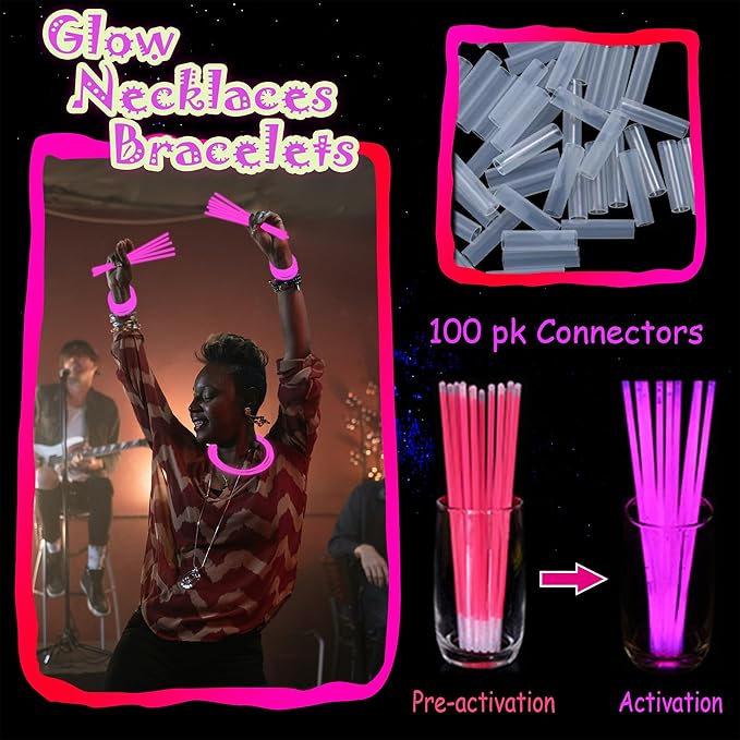 100 pk 8" Pink Glow Sticks Bulk Party Favors, Light up Glow Necklaces & Bracelets in the Dark Party Supplies For Christmas Valentine Halloween Birthday Neon Party (100 * Pink)