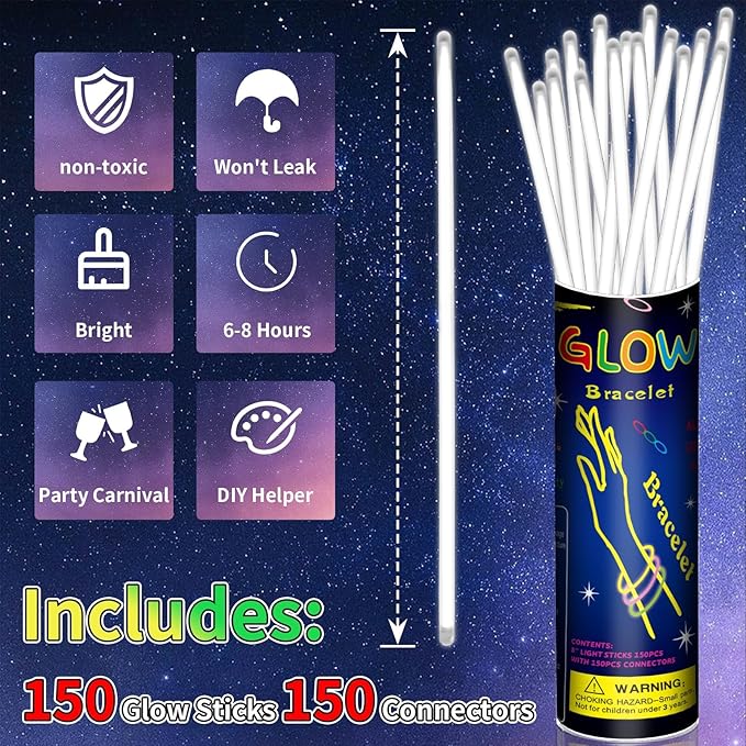 150 Pack 8??White Glow Sticks Bulk with 150 Connectors Neon Glow In The Dark Party favors Supplies for Holiday Birthday Party Decoration (White)
