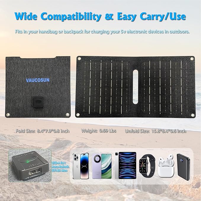 Portable Solar Panel (5V 2A Max) with USB-A Port for Cell Phone, Fan, Flashlight, IPX4 Waterproof Solar Panels, Foldable Solar Charger for Outdoor Camping, Hiking, Travel, Backpacking