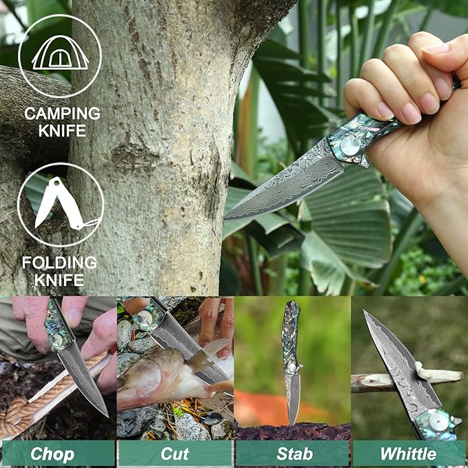 Benkey Damascus Pocket Knife with Clip Leather Sheath Sharp VG10 Core Folding Knife, EDC with Liner Lock Unique Abalone Seashells Handle for Outdoor Survival Camping Collection