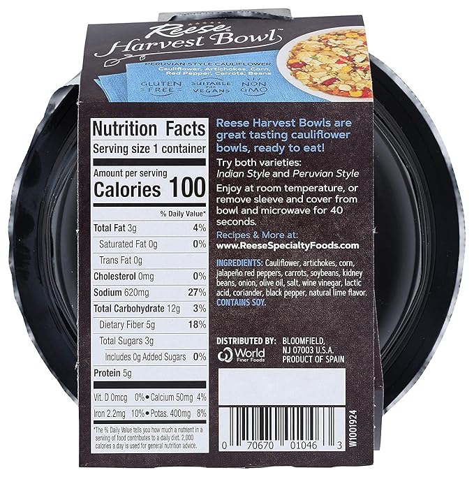 Reese Peruvian Veggie Harvest Bowl | Cauliflower, Artichokes, Corn, Carrots | High Fiber & Low Calorie (Pack of 8)