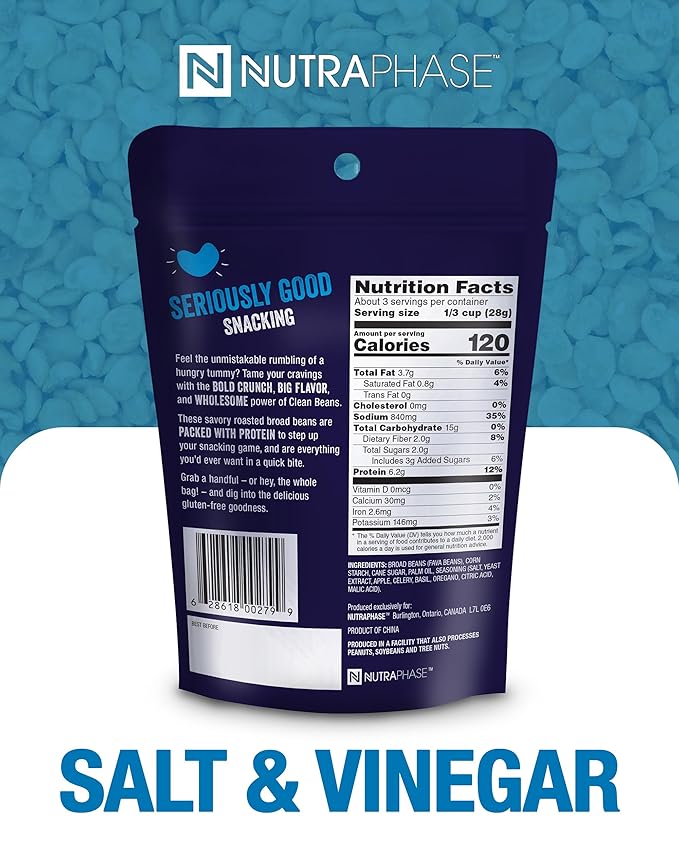 Clean Beans Broad Fava Beans Snack - Salt & Vinegar Flavor, 6g Protein, Low Sugar, Non-GMO, Non-Gluten - On The Go Office Snack - Nutraphase, 85g x 6-Count
