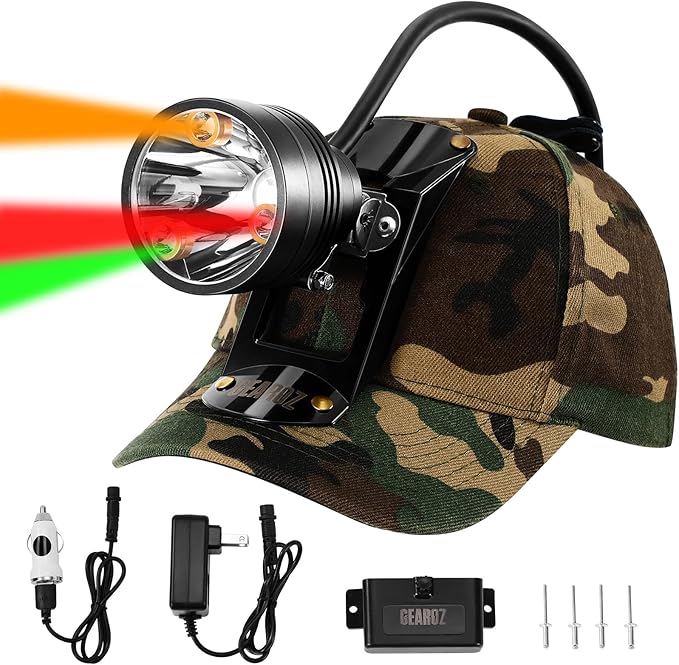Coon Hunting Lights Headlamp for Coyotes Hog Predators, 10W Rechargeable & IPX5 Waterproof, 6 Lighting Modes, 45000LUX 4-Color LED (White Red Green Amber) with Camo Hunting Hat for Forehead