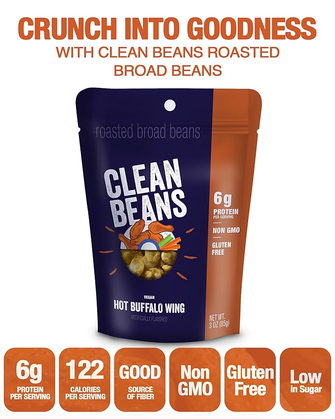 Clean Beans Broad Fava Beans Snack - Hot Buffalo Wing Flavor, 6g Protein, Low Sugar, Non-GMO, Non-Gluten - On The Go Office Snack - Nutraphase, 85g x 6-Count