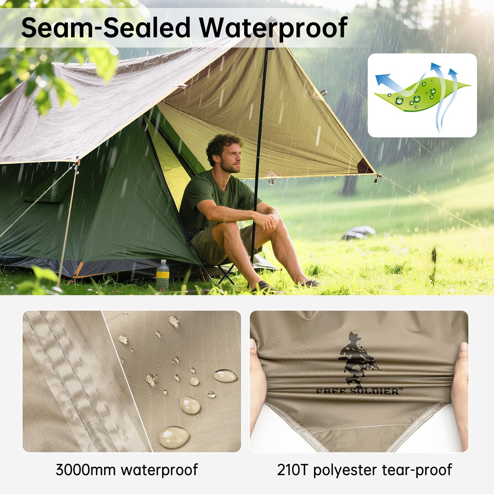 FREE SOLDIER Waterproof Camping Tarp Shelter Awning(Beige 10×10.5ft)