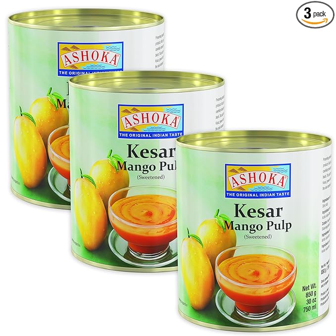 Ashoka Premium Mango Puree, Sweetened Kesar Mango Pulp, Great for Smoothies, Juices, Baking, and Eating as Whole, Rich Mango Concentrate from India, Kosher Certified, 30 Ounce (Pack of 3)