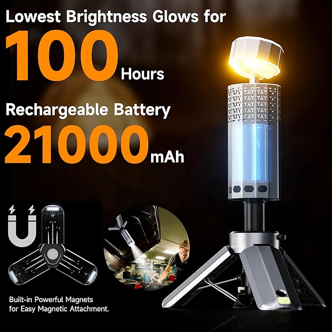 Rechargeable 21000mAh Camping Light, Telescopic Camping Lights, Collapsible Magnetic Camping Lantern with Stand IPX6 Waterproof Flashlights, Camping Lamp for Emergency, Hiking