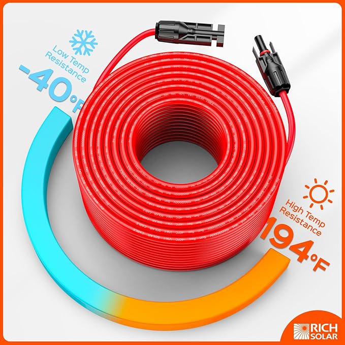 RICH SOLAR 10 Gauge 10AWG One Pair 75 Feet Red + 75 Feet Black Solar Panel Extension Cable Wire with Female and Male Connectors (75FT 10AWG)