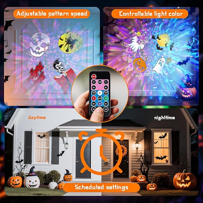 Halloween Projector Lights Outdoor, 2-In-1 HD Moving Pattern Holiday Projector Lights with Remote Control (12 Slides, 15 Colors), Three Fixing Methods, IP65 Waterproof Halloween Decorations with Timer