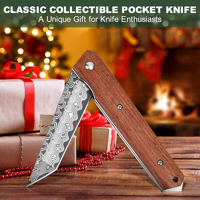 AUBEY Damascus Pocket Knife for Men, Sharp Tanto Blade with VG10 Core Folding Knives with Wooden Handle and Glass Breaker for EDC Camping Gift Collection