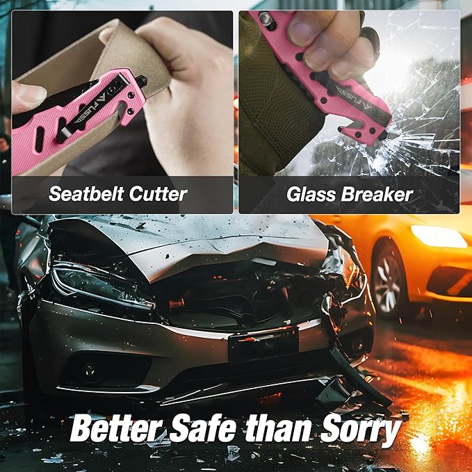 FLISSA Folding Pocket Knife with Clip, Glass Breaker and Seatbelt Cutter, Survival Knife for Emergency Rescue Situations, EDC Knife for Tactical, Hunting, Camping, Outdoor, Unique Gifts for Dad, Father-Pink